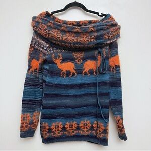 Serriano Womens Large Vintage Wool Mohair Deer Southwestern Cowlneck Sweater